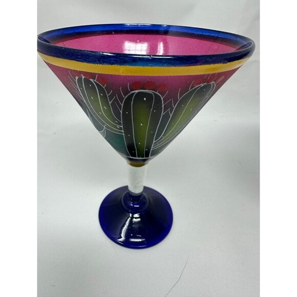 2 Hand-Painted Mexican Blown Glass Margarita Glasses Cactus Sleeping Man  Blue - Picture 10 of 16